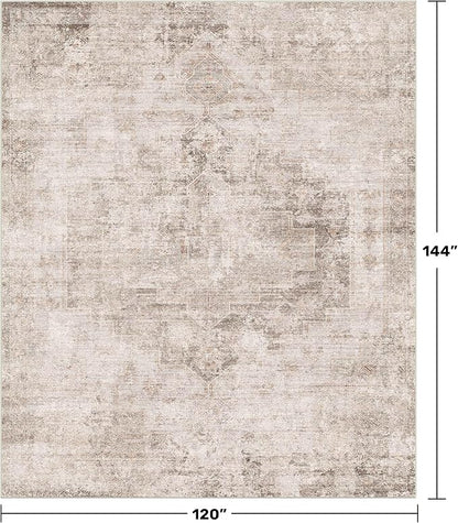 Tan Rugs for Living Room - 10x12 Vintage Large Floor Carpet Rug for Dining Room Under Table, Washable Non Slip with Rubber Backed