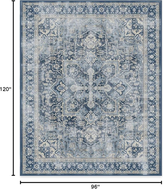 RUGGABLE Washable Vintage Area Rug – Kamran Admiral Blue 8x10, Stain-Resistant, Non-Slip – Large Machine Washable Rugs for Living Room, Bedroom, Hallway, Entryway & Office–with Standard Pad