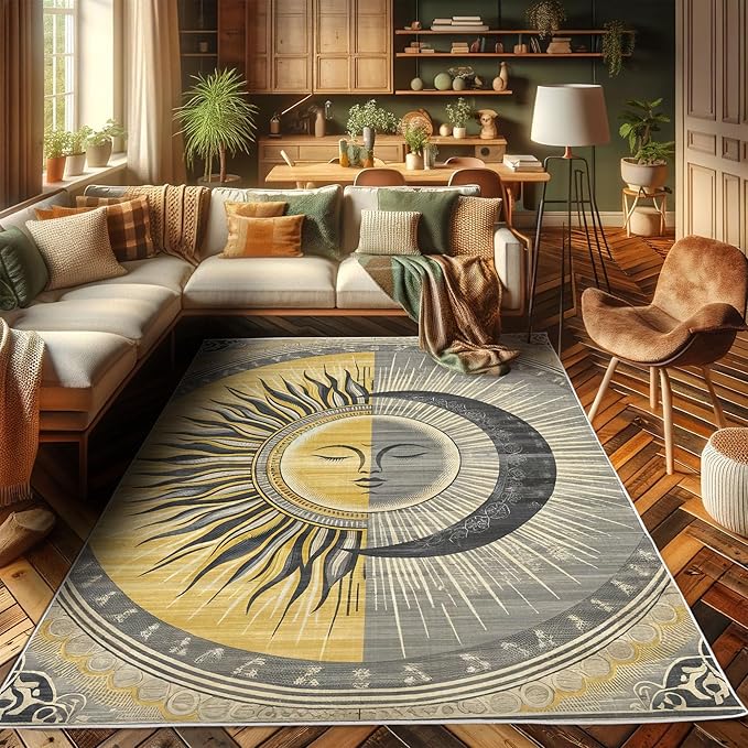 Ambesonne Sun and Moon Decorative Rug, Celestial Esotery Lunar and Solar Characters with Leafy Details Modern, Quality Carpet for Bedroom Dorm and Living Room, 4' X 5' 5", Mustard Purpleblue
