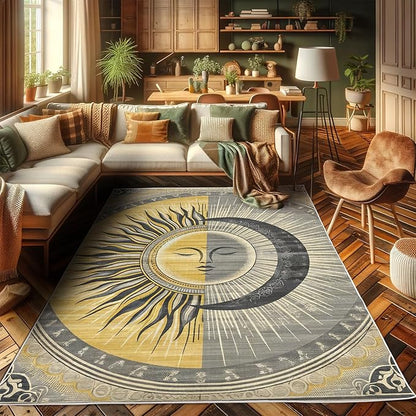 Ambesonne Sun and Moon Decorative Rug, Celestial Esotery Lunar and Solar Characters with Leafy Details Modern, Quality Carpet for Bedroom Dorm and Living Room, 4' X 5' 5", Mustard Purpleblue