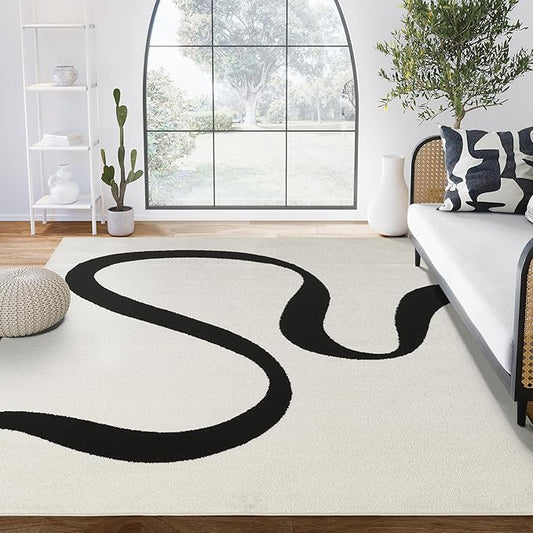 Abani Abstract Beige/Black Area Rug - 5'x8' - Modern Curved Line Design - Deco Collection - Easy to Clean - Durable for High Traffic Areas - Bedroom, Office & Kitchen - Medium Pile