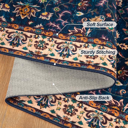 Tangsoo 5x7 Washable Rug, Floral Vintage Large Area Rugs for Living Room, Indoor Non Slip Print Floor Carpet, Soft Low Pile Machine Washable Rug for Bedroom Dining Room Dorm Home Decor Navy Blue