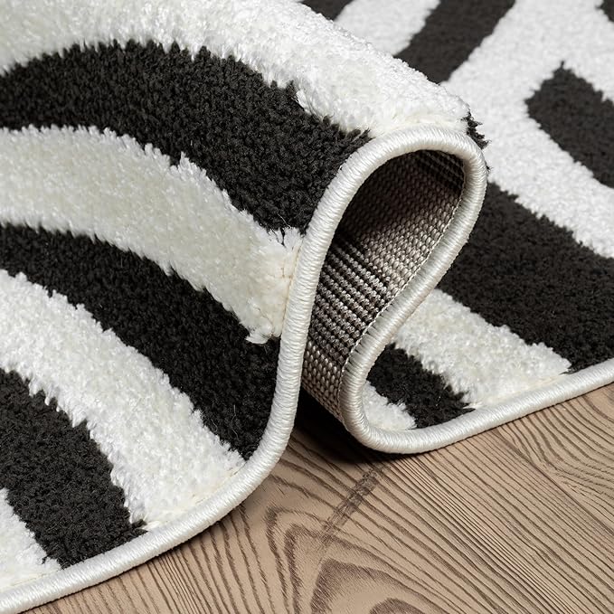 Abani Nomad Cream & Black Area Rug 6' x 9' for Living Room, Bedroom - Black Linear Curves Design - Durable & Easy to Clean