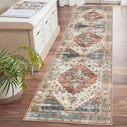 Enkor Runner Rugs for Hallway, 2x8 Washable Soft Non Slip Floor Rugs for Kitchen, Modern Mat for Living Room Bedroom Entryway Beige & Red