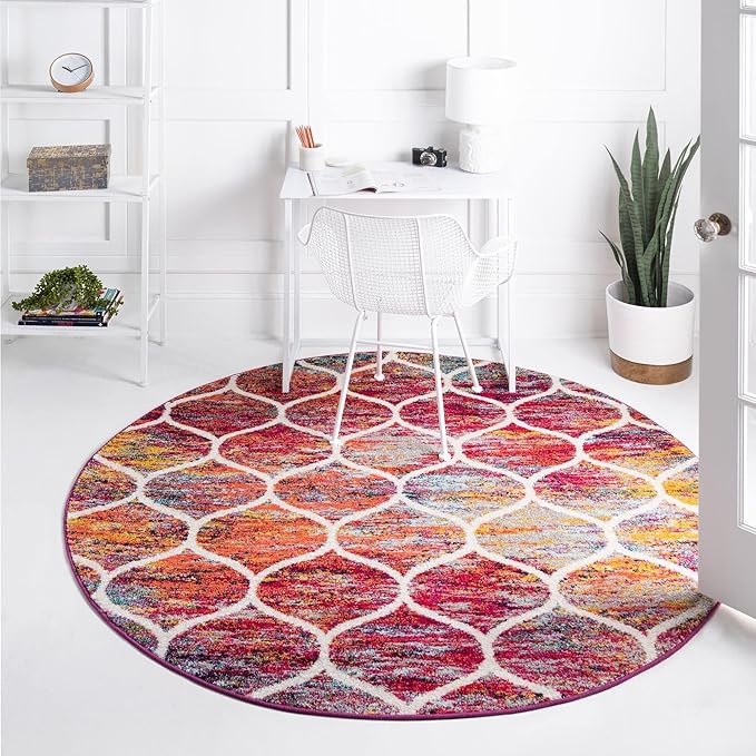 Rugs.com Lattice Frieze Collection Rug – 6' Round Multi Medium Rug Perfect for Kitchens, Dining Rooms