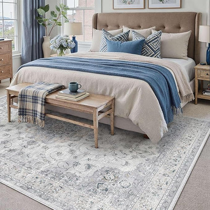 HUGEAR Machine Washable Area Rugs 5x8 Vintage Blue Living Room Bedroom Rug Neutral Style Non Slip Stain Resistant Low Pile Throw Carpet for Office Home Retro Aesthetic Modern Decor