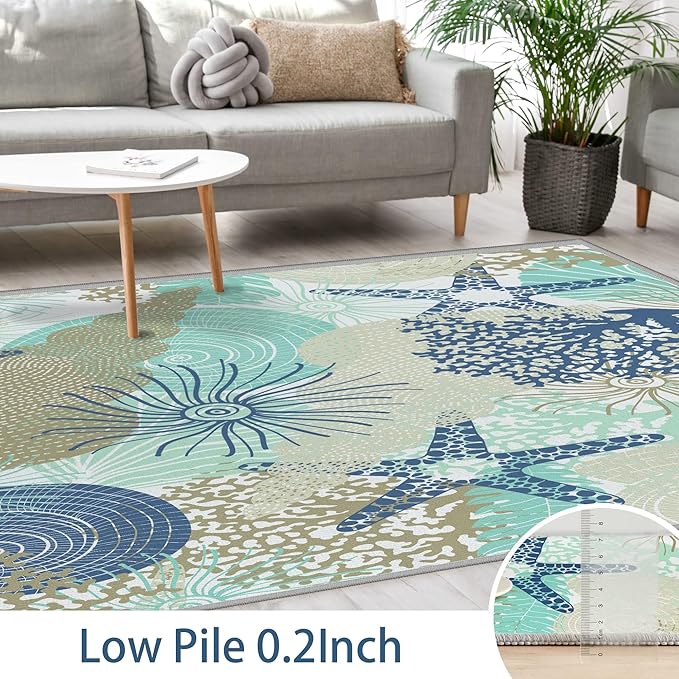 Tritard Coastal Area Rugs Nautical Beach Themed Non-Slip Machine Washable Rugs Modern Floor Carpet for Living Room Bedroom, 8x10, Navy