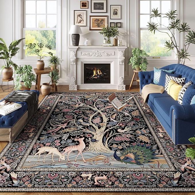 Rugcomf 8x10 Area Rugs Vibrant Tree of Life-Patterned Vintage Washable Area Rug Non Slip Low Pile Large Rug for Bedroom Farmhouse Dining Room Kids Playroom, Black