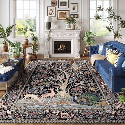 Rugcomf 8x10 Area Rugs Vibrant Tree of Life-Patterned Vintage Washable Area Rug Non Slip Low Pile Large Rug for Bedroom Farmhouse Dining Room Kids Playroom, Black