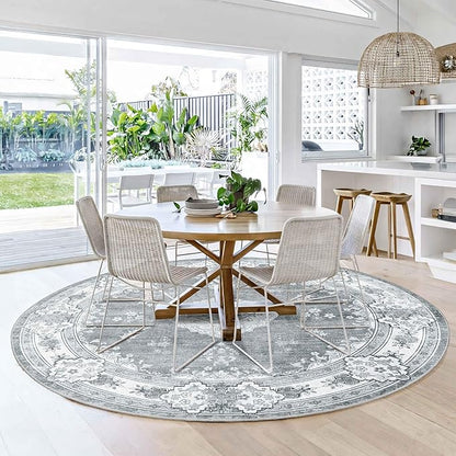 MUJOO Grey Round Rug 6ft,Circle Washable Area Rugs for Bedroom Living Room Bathroom,Boho Large Vintage Bohemian Distressed Farmhouse Non Slip Circular Carpet,Floral