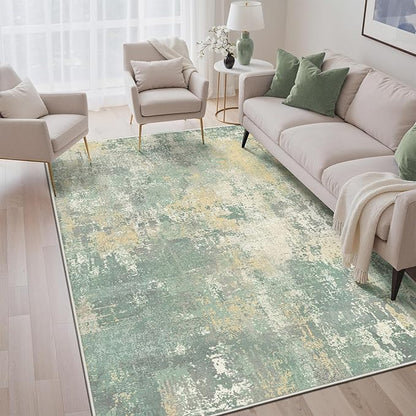 5x7 Area Rugs Washable Green Rug for Living Room Bedroom, Abstract Modern Large Rug Non Slip, Water Repellent Low Pile Soft Carpet for Dining Room, Grey Green