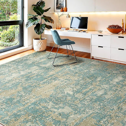 WITSHOCK Living Room Area Rugs 8x10：Modern Abstract Machine Washable Large Rug for Bedroom Dining Room Non-Slip Stain Resistant Home Office Decor,Teal Brown