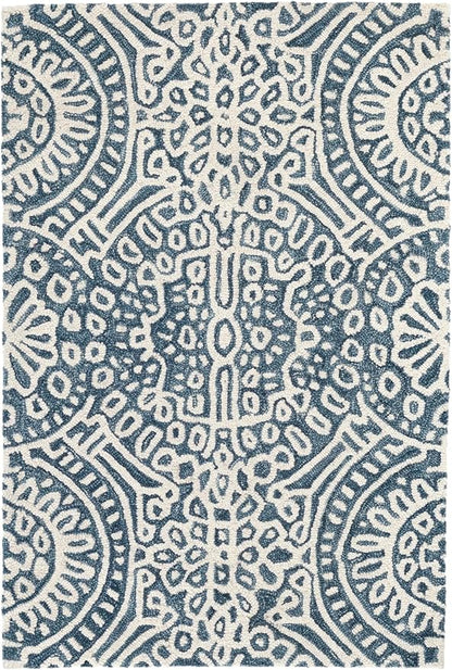 Dash & Albert Temple Ink Hand Micro Hooked Wool Rug, 2.5 X 8 Feet, Blue Geometric Pattern