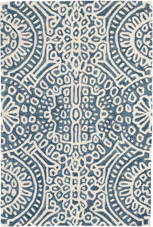 Dash & Albert Temple Ink Hand Micro Hooked Wool Rug, 2.5 X 8 Feet, Blue Geometric Pattern