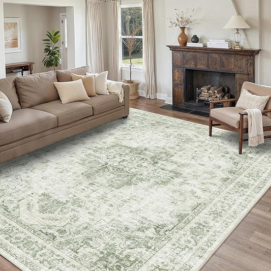 9x12 Vintage Washable Area Rugs Boho Medallion Large Distressed Retro Accent Carpet Floral Non-Slip Soft Low Pile Indoor Throw Rug for Living Room Bedroom Dining Room Office Kitchen, Green