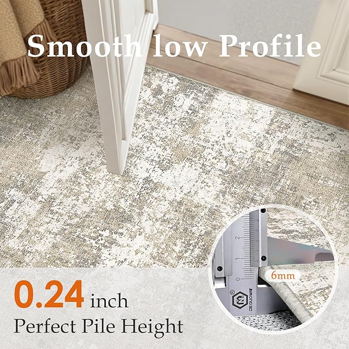 Beige Area Rug 3x5 Machine Washable Modern Abstract Office Carpet Neutral Non Slip Indoor Entry Low Pile Soft Non Shedding Small Mat Bedroom Throw Rug for Kitchen Laundry Dining Room