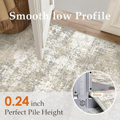 Runner Rug 2x6 Beige Machine Washable Modern Abstract Hallway Carpet Non Slip Neutral Long Carpet Low Pile Soft Non Shedding Contemporary Rug for Bathroom Laundry Kitchen Bedroom
