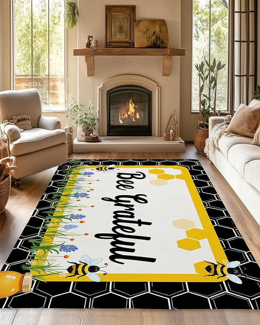 Bee Grateful Rug for Living Room 5x7, Low Pile Non-Slip Backing, Machine Washable Easy Fold Rug for Home, Office, Dorm Room