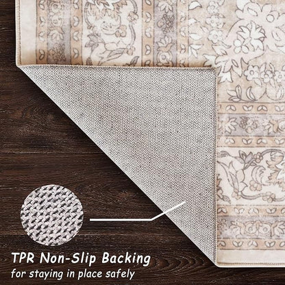 vivorug 8x10 Neutral Area Rugs for Living Room, Non-Slip Backing Washable Rug 8x10, Beige Large Area Rug Soft Carpet for Bedroom Dining Room, Vintage, Easy Clean, Durable, Low Pile Rug Under Table