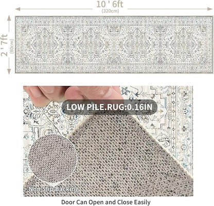 Enkor Runner Rugs for Hallway, 2.6x10.5 Washable Soft Non Slip Floor Rugs for Kitchen, Modern Mat for Living Room Bedroom Entryway White & Grey
