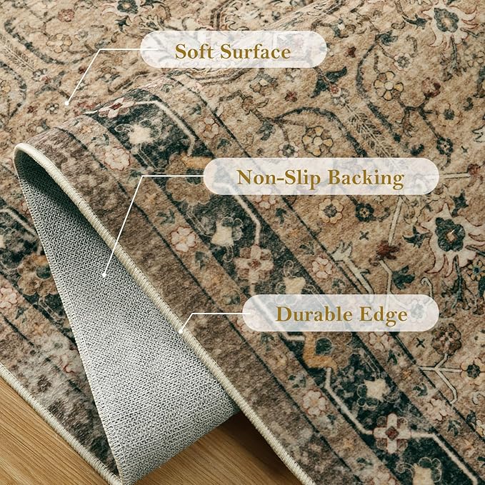 Moynesa Vintage Brown Washable 5x7 Area Rugs for Living Room, Boho Area Rug for Bedroom Dining Room Kitchen, Low Pile Soft Non-Slip Retro Carpets for Office Indoor Nursery