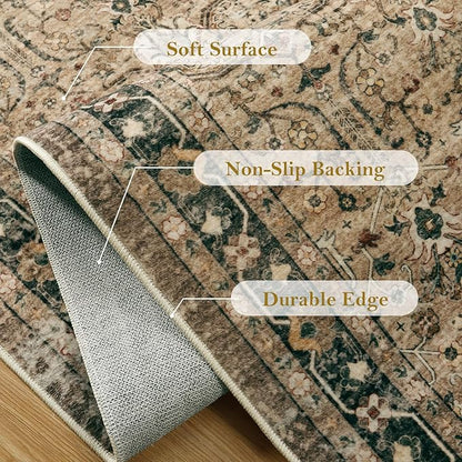 Moynesa Vintage Brown Washable 5x7 Area Rugs for Living Room, Boho Area Rug for Bedroom Dining Room Kitchen, Low Pile Soft Non-Slip Retro Carpets for Office Indoor Nursery
