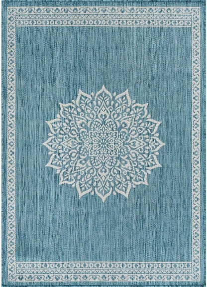 CAMILSON Outdoor Rug 6x9 Medallion Aqua Modern Area Rugs for Indoor and Outdoor Patios Kitchen and Hallway Mats Washable Porch Deck Outside Carpet (Medallion Aqua 6 x 9)