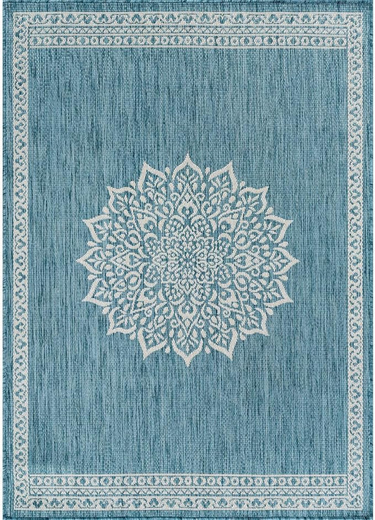 CAMILSON Outdoor Rug 6x9 Medallion Aqua Modern Area Rugs for Indoor and Outdoor Patios Kitchen and Hallway Mats Washable Porch Deck Outside Carpet (Medallion Aqua 6 x 9)