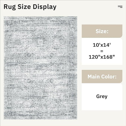 10x14 Area Rugs for Living Room, Non Slip Machine Washable Vintage Rugs, Low Pile Lightweight Large Rug for Bedroom, Dining Room, Home Office Grey