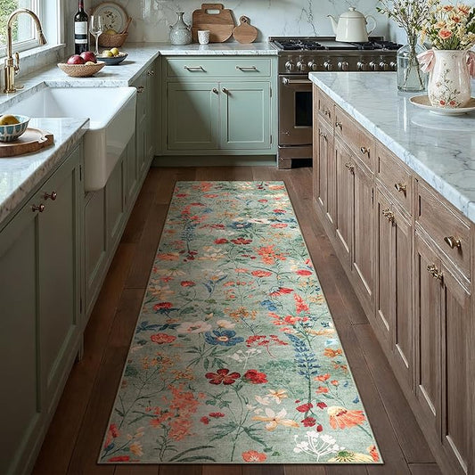 Floral Runner Rug 2x8 Washable Hallway Long Green Bedroom Carpet Non Slip Indoor Boho Kitchen Low Pile Accent Rug Lightweight Soft for Bathroom Dining Laundry Living Room