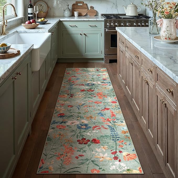 Floral Runner Rug 2x12 Washable Hallway Long Green Bedroom Carpet Non Slip Indoor Boho Kitchen Low Pile Accent Rug Lightweight Soft for Bathroom Dining Laundry Living Room