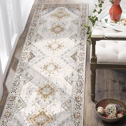 COMSLE Boho Runner Rug, 2x6 Washable Rugs for Hallway Faux Wool Small Throw Rug Distressed Kitchen Area Rug Non-Slip Laundry Room Rug Carpet Runner for Entryway Indoor Bedroom (Khaki)