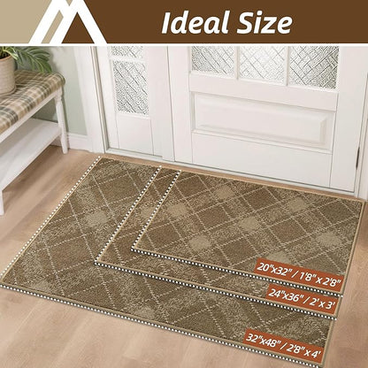 COSY HOMEER Plaid Door Mat 20" x 32",Dirt Trapper Entryway Rugs,Non-Slip Washable Farmhouse Doormat,Low Profile Welcome Mats for Paws Taupe