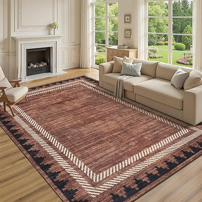 Geometric Bordered 5x7 Washable Low Pile Area Rugs for Bedroom Living Room Playroom Modern Non Slip Foldable Soft Indoor Carpet Stain Resistant Non-Shedding Dining Room Farmhouse Rug, Brick Red