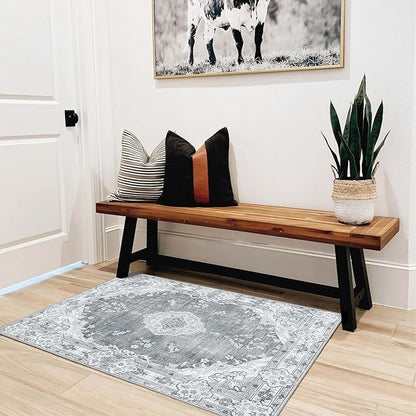 MUJOO Grey Rug 2'x3',Small Washable Area Rugs for Entryway Kitchen Bathroom Bedroom,Boho Vintage Bohemian Distressed Farmhouse Non Slip Carpet, Floral