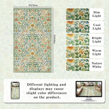 3x5 Grass Green Boho Floral Vintage Area Rug,Soft Lightweight Low Pile Non-Shedding Carpet,Machine Washable Stain Resistant & Non-Slip for Entryway,Bedroom, Kids Room,Living Room