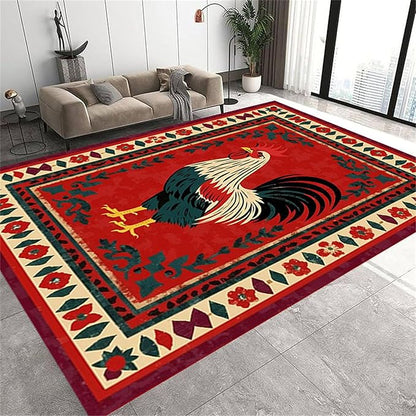Vintage Rooster Area Rug,4x6ft,Beautiful Floral Border Country Style Rooster Rug，Colorful Retro Home Decoration Rugs，Washable Carpet for Living Room Bedroom Kitchen Farmhouse Office