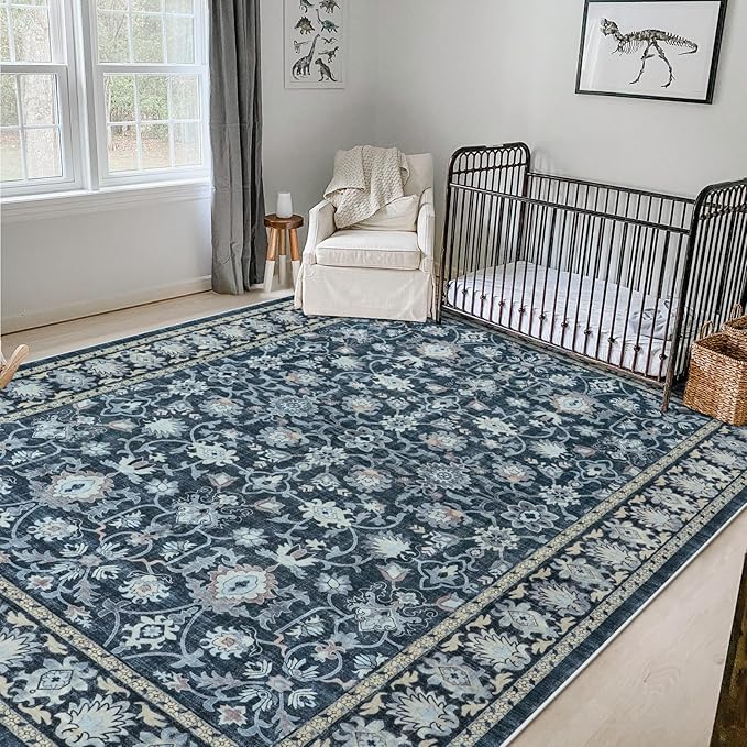 LIVEBOX Washable Area Rug 8x10 - Large Blue Boho Living Room Rug Vintage Rugs for Bedroom, Non-Slip Retro Floral Carpet Print Distressed Accent Rugs for Dining Room Home Office