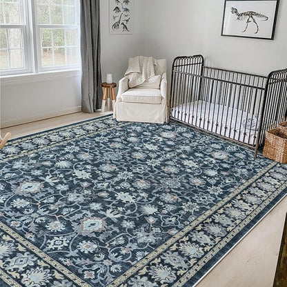LIVEBOX Washable Area Rug 8x10 - Large Blue Boho Living Room Rug Vintage Rugs for Bedroom, Non-Slip Retro Floral Carpet Print Distressed Accent Rugs for Dining Room Home Office