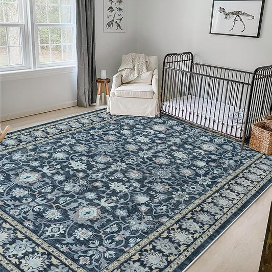 LIVEBOX Washable Area Rug 8x10 - Large Blue Boho Living Room Rug Vintage Rugs for Bedroom, Non-Slip Retro Floral Carpet Print Distressed Accent Rugs for Dining Room Home Office