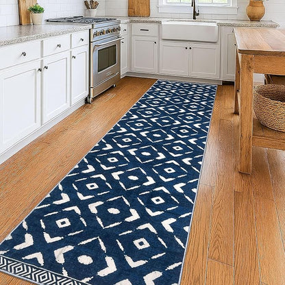 KILOCOCO Hallway Runner Rug 3x10 Runners for Hallways Washable Runner Soft Non Slip Printed Geometric Rubber Backed Low-Pile Rug Runners for Bedroom Kitchen Living Room Boho Rugs, Blue