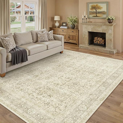 Vintage Area Rug 8x10 Beige Washable Living Room Large Carpet Non Slip Bedroom Indoor Office Low Pile Traditional Distressed Retro Accent Rug for Dining Room