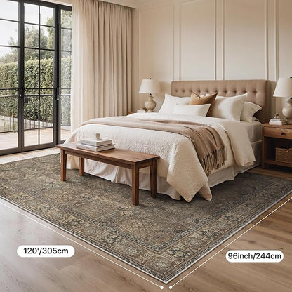 Bavni Washable Rugs 8x10-Machine Washable Rug Lightweight Low Pile, Vintage Floral Rug Non-Shedding Distressed Throw Carpet for Living Room Bedroom Office, Brown