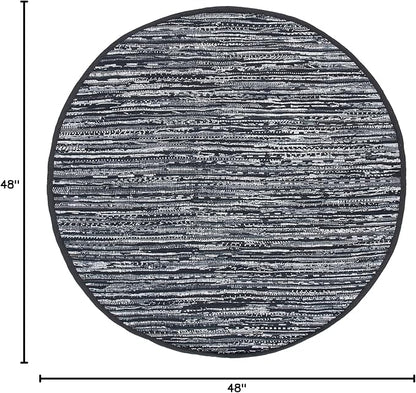 SAFAVIEH Rag Rug, Collection RAR121Z Handmade Boho Stripe Cotton Entryway Foyer Living Room Bedroom Kitchen Area Rug, 4', Round Black