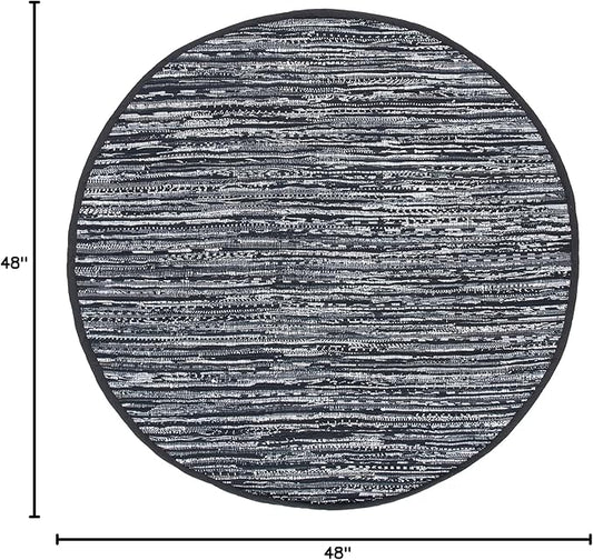 SAFAVIEH Rag Rug, Collection RAR121Z Handmade Boho Stripe Cotton Entryway Foyer Living Room Bedroom Kitchen Area Rug, 4', Round Black
