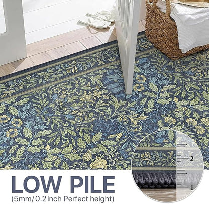 Bavni Floral Dark Blue Area Rugs 5x7, Vintage Boho Carpet Machine Washable, Non Slip Soft Low Pile Thin Rug for Bedroom, Living Room, Dining Room, Nursery