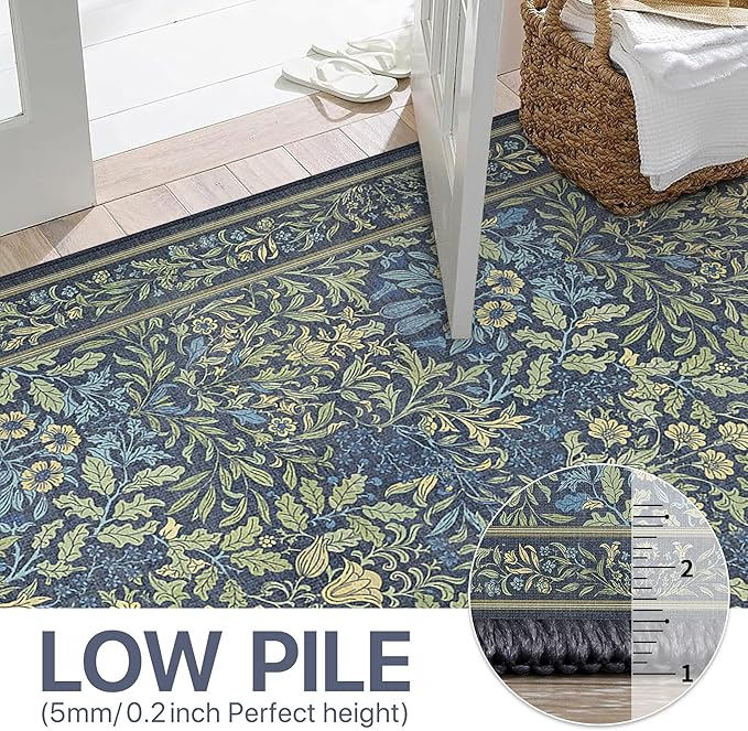 Bavni Floral Dark Blue Area Rugs 8x10, Vintage Boho Carpet Machine Washable, Non Slip Soft Low Pile Thin Rug for Bedroom, Living Room, Dining Room, Nursery
