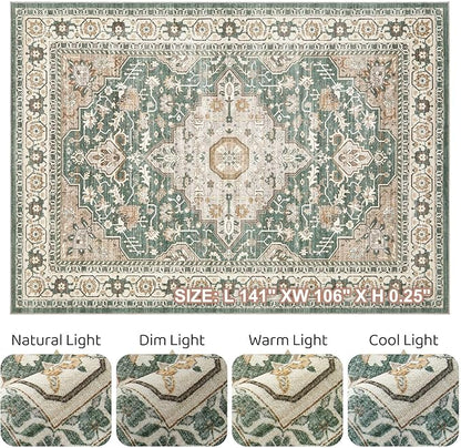 9x12 Area Rug Living Room: Machine Washable Boho Large Vintage Soft Rugs Stain Resistant Farmhouse Oriental Non Slip Indoor Floor Carpet for Bedroom Nursery Kids Playroom Office Dining Room- Green