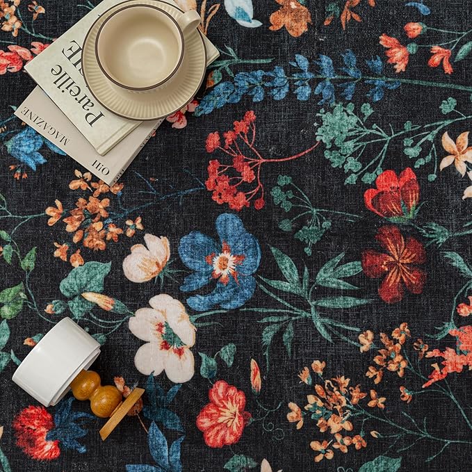 Floral Runner Rug 3x12 Washable Hallway Long Black Bedroom Carpet Non Slip Indoor Boho Kitchen Low Pile Accent Rug Lightweight Soft for Bathroom Dining Laundry Living Room
