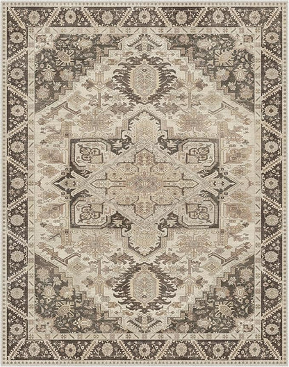 8x10 Area Rug Machine Washable Boho Rug for Living Room,Ultra-Thin Low Pile Carpet,Lightweight Indoor Printed Rug,Non Slip Floral Area Rug for Bedroom, Dining Room, Home Office,Brown